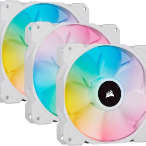 Ventilator Corsair iCUE SP120 RGB ELITE Performance, 120 mm, PWM, pachet de 3, cu iCUE Lighting Node CORE (tehnologie CORSAIR AirGuide, opt LED-uri RGB controlabile, silențios 18 dBA, până la 1.500 RPM), alb, 120 mm