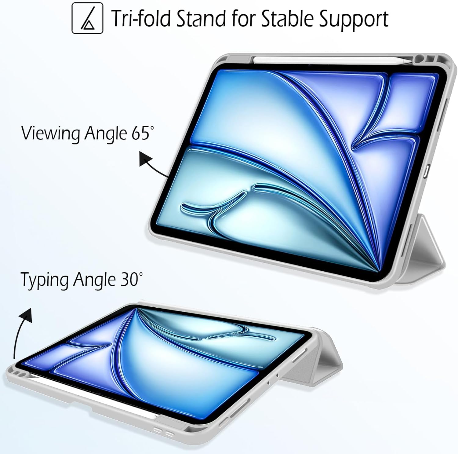 Husă compatibilă cu iPad Air 11 inch M3/M2 (2025/2024), iPad Air a 5-a/a 4-a generație 2022/2020, husă de protecție cu suport pentru stilou, suport triplu, activare/dezactivare automată a ecranului, argintie - Image 2