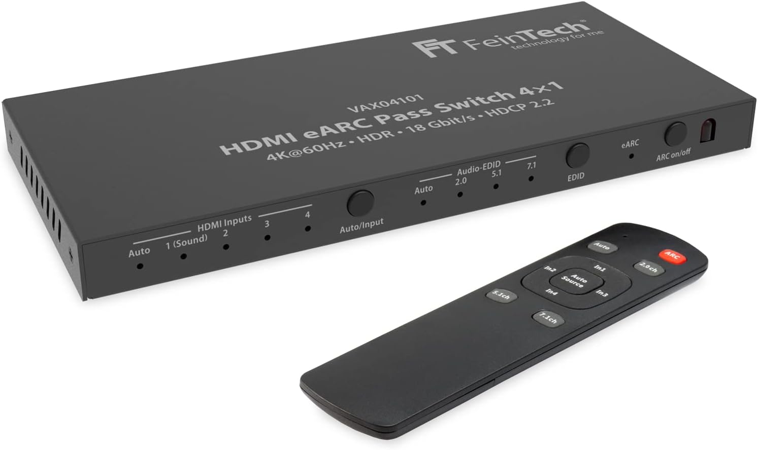 FeinTech VAX04101A HDMI eARC Pass Switch 4x1 - Extractor audio HDMI pentru soundbar eARC, 3 playere media și 1 ecran, suportă 4K 60Hz, HDR, Dolby Vision, Dolby Atmos, DTS