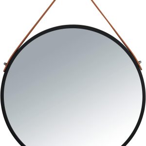 WENKO Oglindă de perete Borrone, rotundă, cu ramă metalică neagră și curea de agățare, oglindă decorativă în design vintage, sticlă/metal, diametru 40 cm, negru