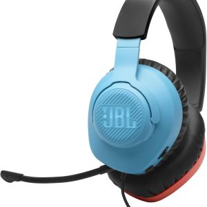 Căști de gaming JBL Quantum 100N cu fir, cu microfon detașabil, JBL QuantumSOUND Signature, spumă cu memorie, compatibilitate multi-platformă și sunet spațial Windows Sonic, albastru/roșu