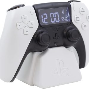 Ceas deșteptător cu controler PlayStation PS5 - Produs oficial Sony licențiat, mecanism digital alb cu dată, accesoriu cadou pentru jucători, decorare dormitor