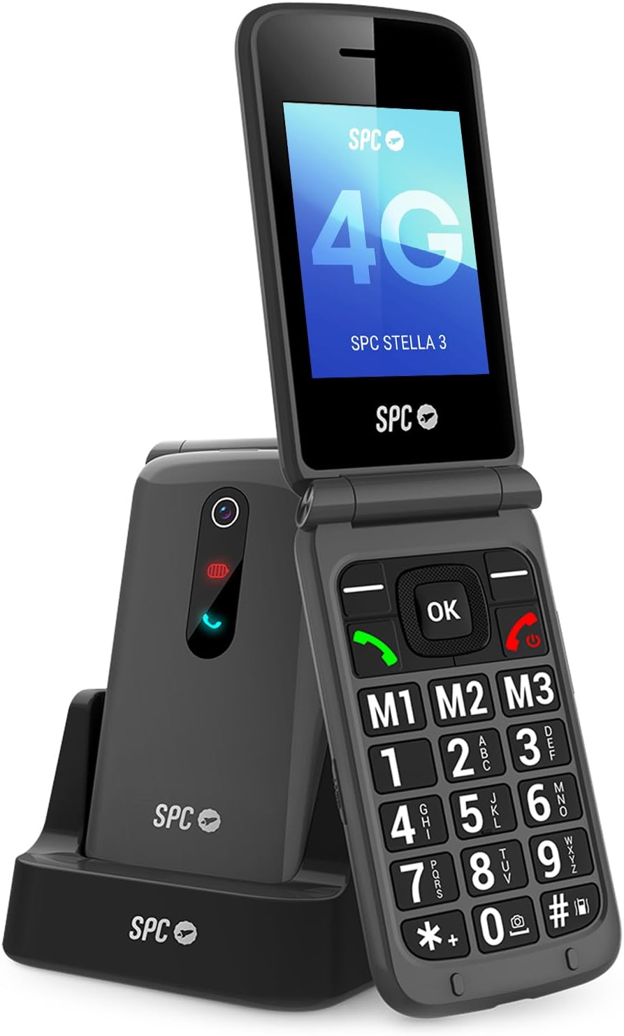 SPC Stella 3 - Telefon mobil 4G pentru seniori cu husă pliabilă, meniu și butoane mari, buton de apel de urgență, configurare de la distanță, compatibil cu aparate auditive și volum de 103 dB, stație de încărcare și 3 apeluri directe