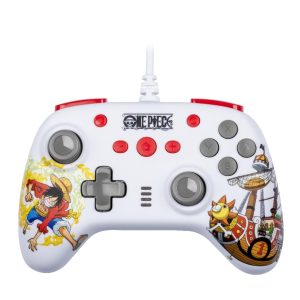 Controler cu fir Konix One Piece pentru Nintendo Switch, Switch OLED și PC - Funcție de vibrații - Cablu de 3 m - Design Luffy - Alb