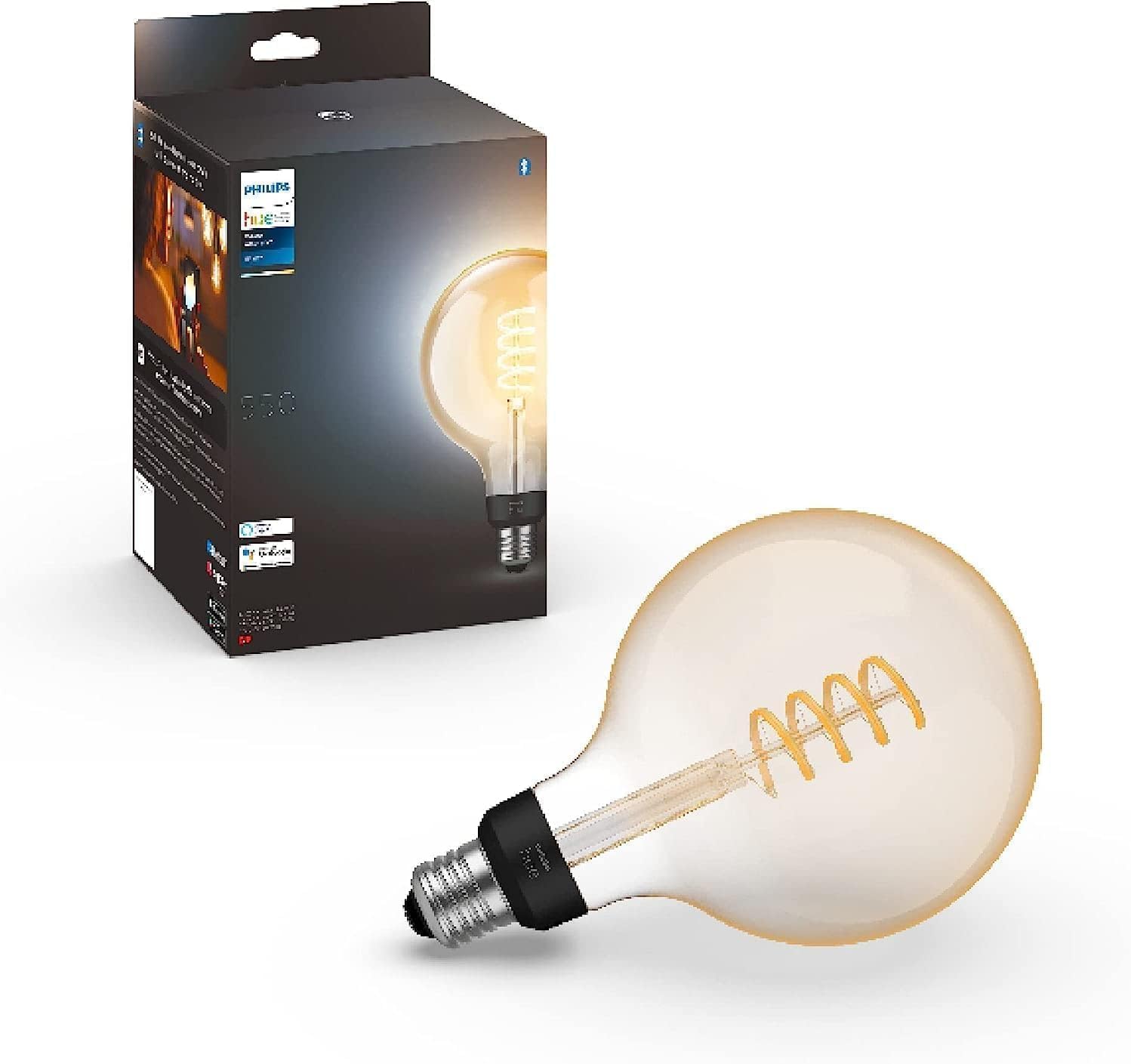 Bec cu filament Philips Hue White E27 G125, 550 lm, lumină albă caldă, reglabil intensitatea luminii, controlabil prin aplicație, compatibil cu Amazon Alexa (Echo, Echo Dot)