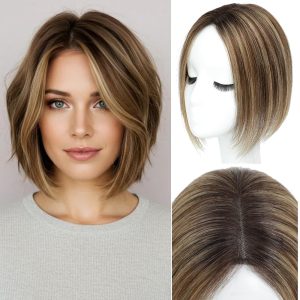 Toppee 100% păr uman pentru păr subțire, 25 cm, blond mixt cu maro închis, densitate 120%, Toppee pentru păr subțire 4T427