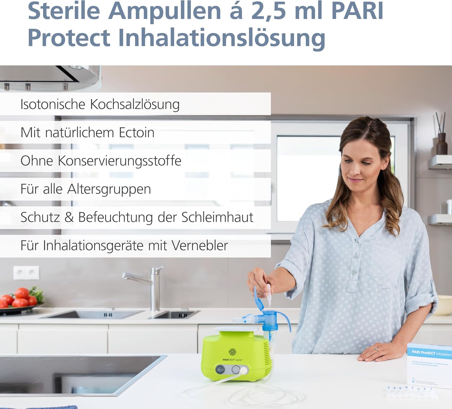 Soluție salină izotonică de inhalat PARI Protect pentru sugari, copii și adulți - 60 de fiole a câte 2,5 ml soluție de inhalat - 1,3% ectoină, sare de mare, apă - sterilă, fără conservanți - Image 2