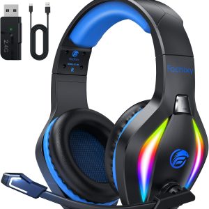 Căști Fachixy FC100 cu microfon, căști de gaming wireless 2.4G pentru PS5, PS4, PC, Switch, Mac, căști de gaming Bluetooth cu sunet surround, fără fir cu lumină LED, peste 50 de ore de viață a bateriei