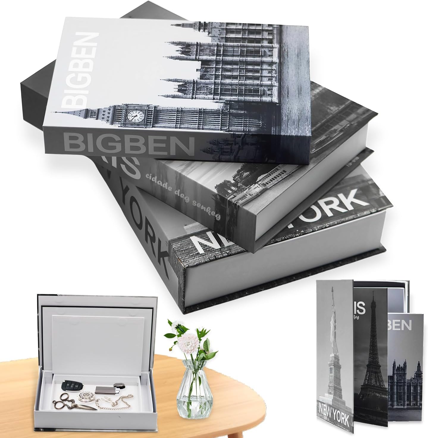Cărți decorative pentru decorul casei, set de 3, cutie decorativă pentru depozitarea cărților, cutie pentru cărți cuibărite, cutie pentru cărți stivuibile, cărți false, decorative pentru casă, măsuță de cafea, cărți decorative pentru birou (cutie cu 3 cărți B)
