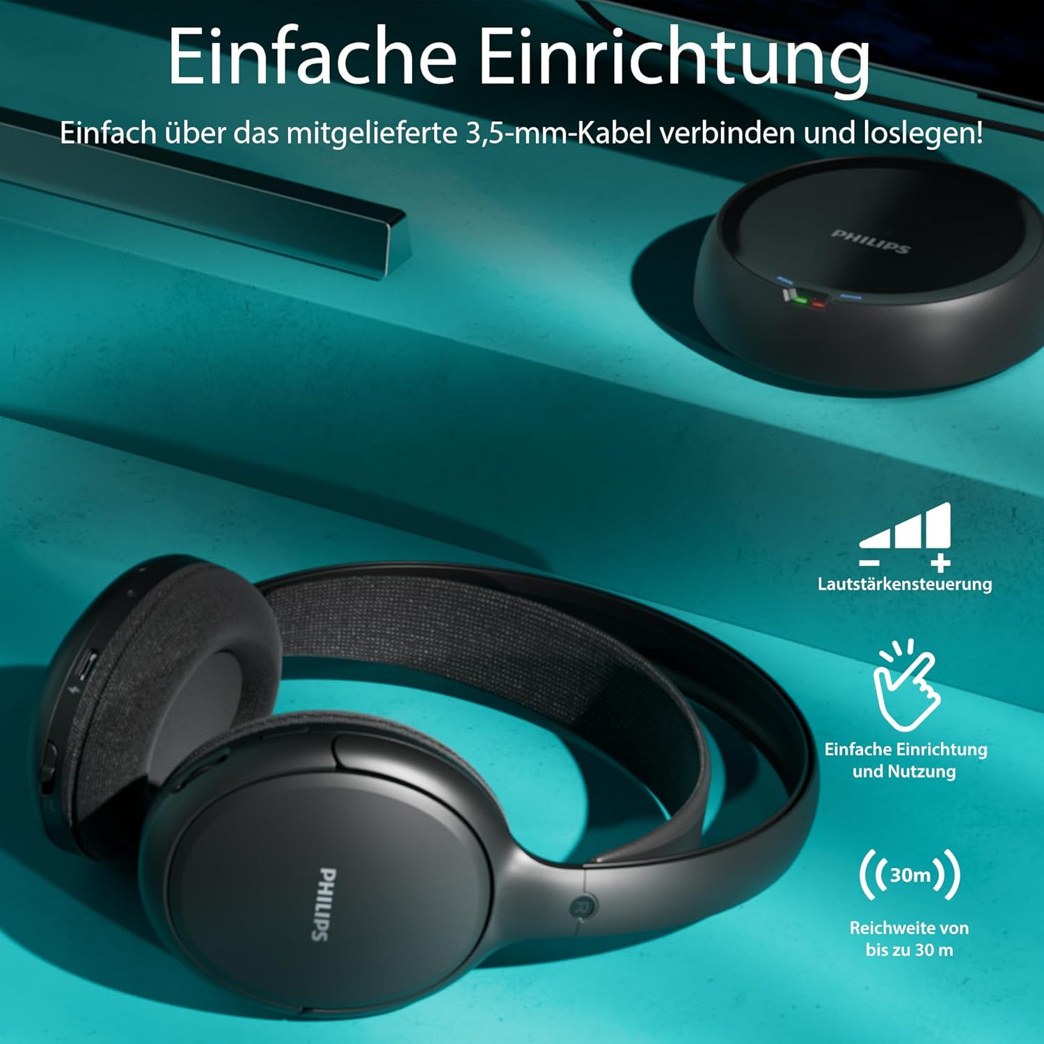 Căști TV wireless Philips SHC5200M2 cu 30 de ore de redare, rază de acțiune de 30 m, conexiune digitală 2.4G, scaun supraaural confortabil, baterie înlocuibilă, sunet clar pentru dialoguri - Negre - Image 2