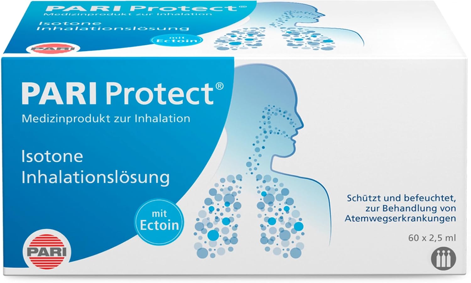 Soluție salină izotonică de inhalat PARI Protect pentru sugari, copii și adulți - 60 de fiole a câte 2,5 ml soluție de inhalat - 1,3% ectoină, sare de mare, apă - sterilă, fără conservanți