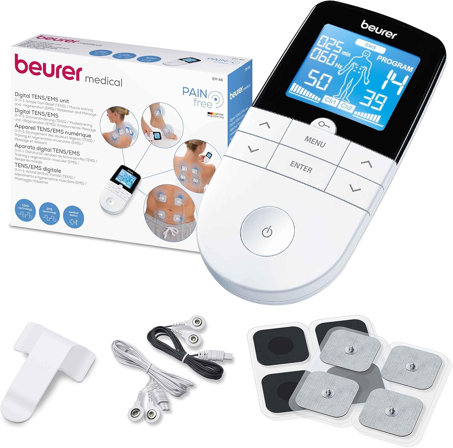 Beurer EM 49 Digital TENS/EMS, Aparat de stimulare electrică 3 în 1 pentru ameliorarea durerii prin stimularea electrică a nervilor, Antrenament prin stimulare electrică a mușchilor, Funcție de masaj, Include 4 electrozi