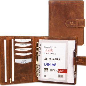 Organizator din piele Almadih A5 cu inele, maro VT, din piele naturală, organizator de dosare pentru conferințe, servietă cu sistem, organizator de jurnal, planificator 2016, piele tăbăcită vegetal