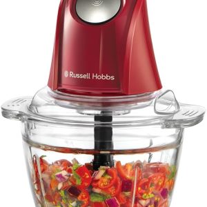 Tocător electric mini Russell Hobbs [recipient de sticlă cu capac] Desire Red (500 ml, cuțit din oțel inoxidabil cu 2 lame, mixer, tocător multifuncțional și universal pentru fructe, legume și carne, 350 W) 27132-56