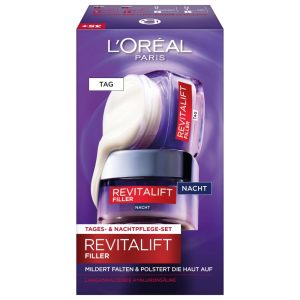 Set de îngrijire facială L'Oréal Paris, cremă de zi și cremă de noapte anti-îmbătrânire cu acid hialuronic împotriva ridurilor, cu acid hialuronic Micro-Filler, Revitalift Filler, 2 x 50 ml