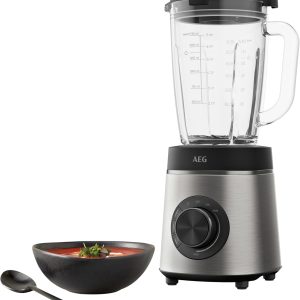 Mixer vertical AEG TB6-1-6ST / Reglare viteză / 3 programe / Smoothie / Gheață zdrobită / Funcție puls / Buton rotativ + butoane / Cuțit din oțel inoxidabil cu 6 lame / 1400 W / Cană de sticlă de 1,75 L, oțel periat / Gri granit