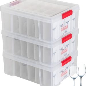 SUNDIS Set de 3 cutii de depozitare din plastic transparent, cu capac întărit cu clips, capacitate stivuibilă pentru 24 de pahare