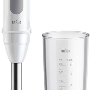 Blender de mână Braun MultiQuick 5 MQ 50001 M, 1000 W, 21 de niveluri de viteză + Turbo, bază pentru piure din oțel inoxidabil, sistem Easy Click, control stropire, include pahar de 600 ml, alb