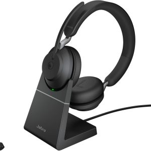 Căști wireless Jabra Evolve2 65 pentru PC cu suport de încărcare, anulare a zgomotului, căști stereo certificate Microsoft Teams cu baterie de lungă durată, adaptor Bluetooth USB-C, negre