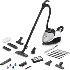 Aspirator cu abur Kärcher SV 7, Presiune abur: 4 bar, Timp de încălzire: 5 min, Control volum aspirare și abur, Sistem de filtrare multietajat, Sistem cu 2 rezervoare, cu set de curățare a podelelor, Duză pentru tapițerie și crăpături, Perie pentru mobilă