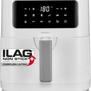 MEDION E40 XL MD11740 Friteuză cu aer cald (5,2 litri, friteuză cu aer cald, 2.150 wați, 9 programe automate, funcție de coacere, prăjire fără ulei, panou de control tactil, afișaj LED), alb