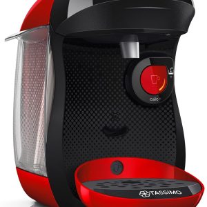 Espressor cu capsule Bosch Tassimo Happy Friendly TAS103E, peste 70 de băuturi, potrivit pentru toate tipurile de cești, oprire automată, sustenabil, dozare perfectă, economie de spațiu, 1400 W, roșu/negru