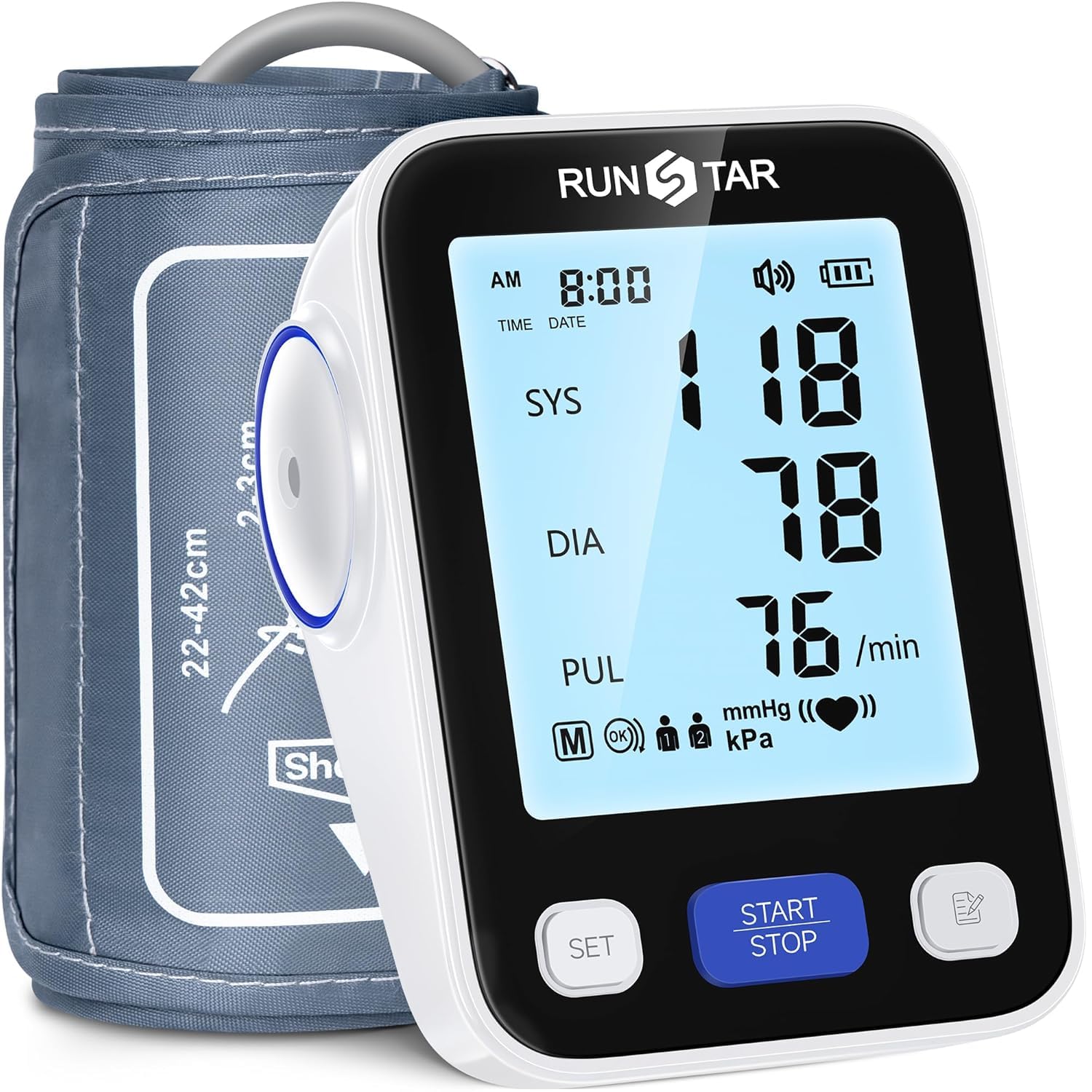 Tensiometru digital automat pentru braț RunStar cu manșetă lată (22 cm - 42 cm) pentru uz casnic, tensiometru digital automat cu geantă de depozitare, memorie 2 x 99 citiri