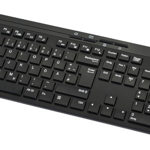 Set tastatură și mouse Amazon Basics, receptor USB wireless de dimensiuni normale, 2,4 GHz, aspect DE, negru