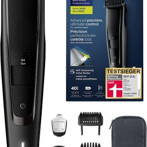 Aparat de tuns barba Philips BT5515/15 cu 40 de setări de lungime, tuns uniform datorită sistemului Lift & Trim Pro, lame metalice cu auto-ascuțire, autonomie a bateriei de 90 de minute, wireless, negru