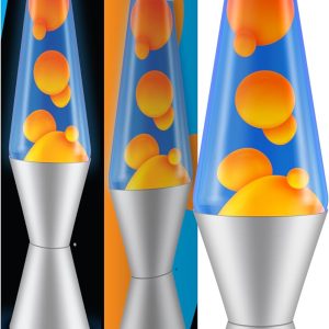 LAVA® - Lampă 2117, Ceară portocalie, Lichid albastru, Bază și capac argintii, Lampă cu mișcare originală de 14,5", Portocaliu/Albastru