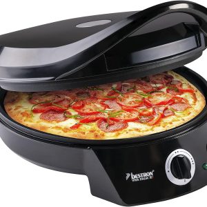 Cuptor electric de pizza Bestron, aparat de pizza până la 230 °C, cu încălzire superioară/inferioară, pentru pizza de casă sau congelată, tarte flambée, quiche sau wrap-uri cu diametrul de până la 27 cm, 1800 wați, culoare: negru
