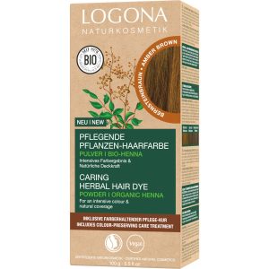 LOGONA Naturkosmetik Vopsea de păr vegetală hrănitoare, pudră de vopsea de păr vegană cu henna organică pentru culoare intensă și strălucire, vopsea de păr vegetală în nuanța maro chihlimbar (maro), 1 x 100 g