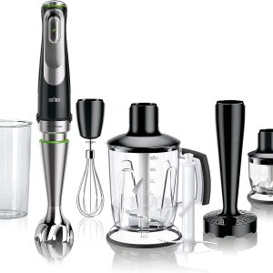 Blender de mână Braun MultiQuick 9 MQ - cu Active PowerDrive și SplashControl, inclusiv zdrobitor, zdrobitor de legume, blender, tocător și tel, 1200 wați, negru/oțel inoxidabil
