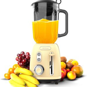 Mixer vertical Cecotec Retro Power Black Titanium RetroYellow, putere maximă 1200 W, recipient din sticlă de 1,5 L, viteză reglabilă, 4 lame cu înveliș negru din titan, motor 100% cupru