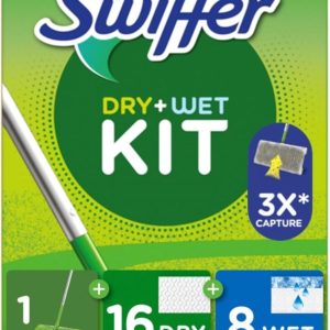 Set de mop Swiffer pentru podele uscate și umede, 1 lavetă, 16 lavete uscate și 8 lavete umede pentru curățarea rapidă și ușoară a podelelor dure