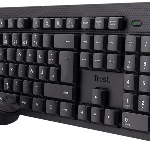 Set tastatură și mouse silențios Trust Ymo II, fără fir, cu aspect german QWERTZ, taste plate, rezistent la stropire, mouse wireless ambidextru, 800-1600 DPI, un receptor USB, pentru PC, computer, laptop, Mac