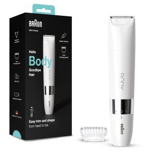 Braun Body Mini Trimmer BS1000, Aparat de tuns electric pentru corp, pentru femei/bărbați, Epilare precisă pentru zona bikinilor, axile, piept, pentru călătorii, Rapid și ușor, Accesoriu de tuns umed și uscat, Alb