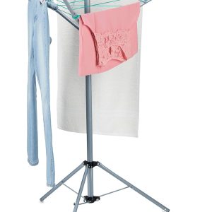 Sârmă de rufe rotativă Relaxdays, 15 m, pliabilă, cu bază, pentru balcon, umbrelă de rufe, înălțime 140 cm, argintie