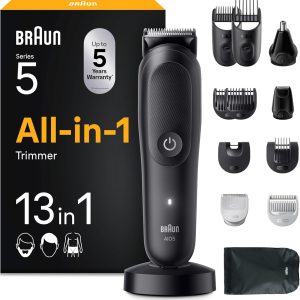 Braun All-in-One Series 5, Aparat de tuns multifuncțional 13 în 1 pentru barbă, aparat de tuns pentru părul din nas, aparat de tuns pentru față, cap și corp, baterie de 120 de minute, 14 lungimi (0,5-21 mm), rezistent la apă, AIO5565, negru