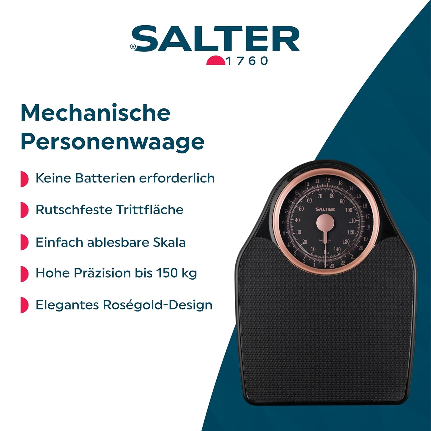 Cântar mecanic personal Salter 145 RGFEU16 - Cântar corporal cu capacitate de încărcare de 150 kg, cântar pentru măsurarea grăsimii corporale cu indicator rotativ, cântar pentru persoane cu covoraș antiderapant, nu necesită baterii, auriu roz - Image 2