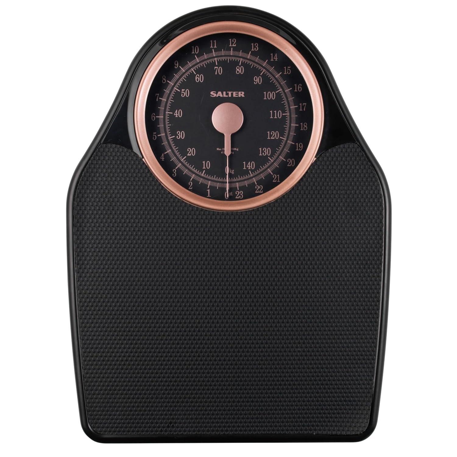Cântar mecanic personal Salter 145 RGFEU16 - Cântar corporal cu capacitate de încărcare de 150 kg, cântar pentru măsurarea grăsimii corporale cu indicator rotativ, cântar pentru persoane cu covoraș antiderapant, nu necesită baterii, auriu roz