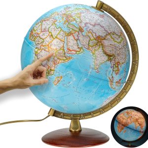 National Geographic - Glob iluminat în stil clasic - Glob de 30 cm cu bază robustă și meridian metalic, hartă 2025 fizică/politică cu lumină LED, imagine hartă germană actuală