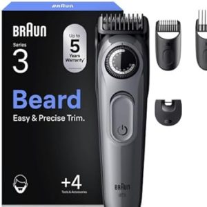 Aparat de tuns barba electric Braun BT3525 Seria 3 pentru bărbați, 4 accesorii, lamă ProBlade ultra ascuțită, autonomie baterie 50 de minute, aparat de ras barba wireless, 40 de lungimi, impermeabil, gri