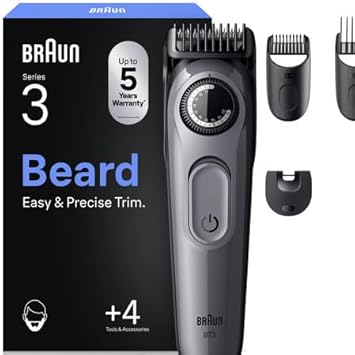 Aparat de tuns barba electric Braun BT3525 Seria 3 pentru bărbați, 4 accesorii, lamă ProBlade ultra ascuțită, autonomie baterie 50 de minute, aparat de ras barba wireless, 40 de lungimi, impermeabil, gri