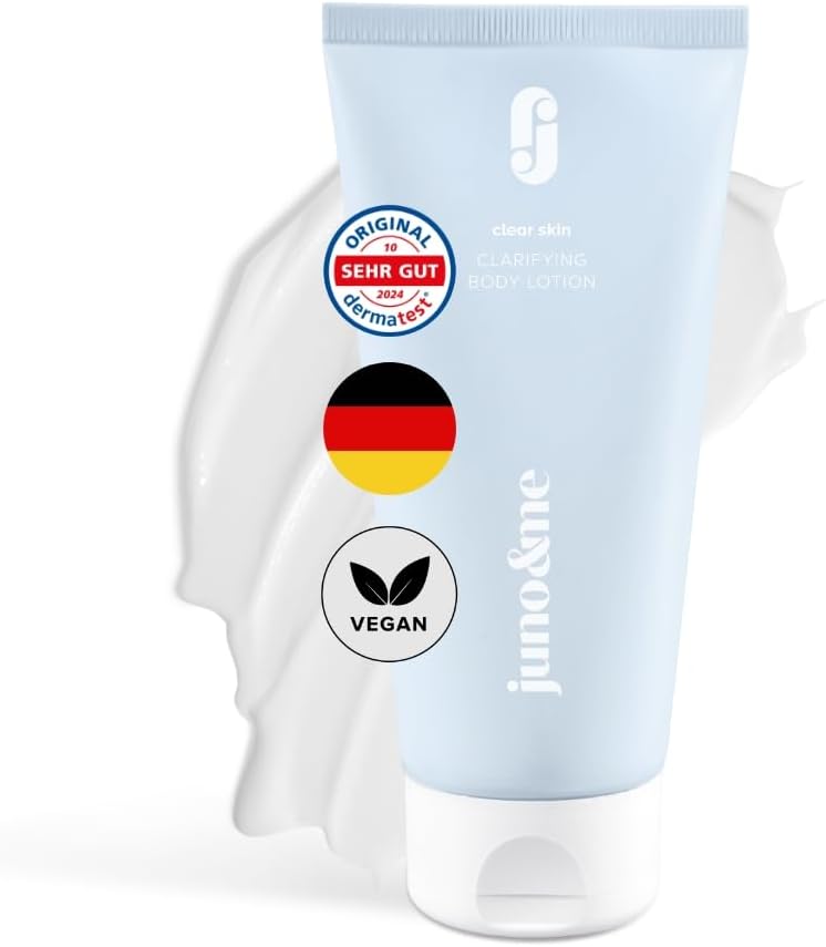 Loțiune de corp hidratantă juno & me Clarifying Body Lotion - Loțiune de corp hidratantă pentru ten cu imperfecțiuni - Cu complex BHA, AHA și ulei de Manuka - Netezește pielea - Vegană - Testată dermatologic - 200 ml