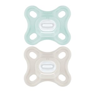 Suzetă MAM Comfort, Set de 2, 0-2 Luni, Set suzetă pentru prematuri și nou-născuți, 100% silicon MAM SkinSoft cu cutie pentru suzetă, Albastru/Turcoaz