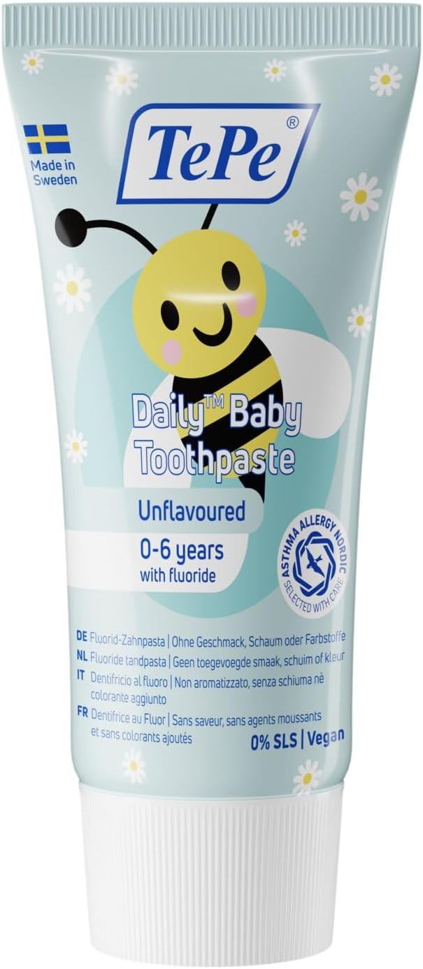 Pastă de dinți TePe Daily Baby, fără gust, 0-6 ani, pastă de dinți delicată cu fluor pentru bebeluși, pentru prevenirea cariilor, conținut de fluor adecvat vârstei