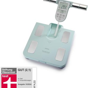 Monitor de compoziție corporală completă OMRON BF511 validat clinic cu 8 senzori de înaltă precizie pentru măsurarea distanței mână-picior - Turcoaz