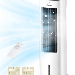 Midea Silent Air Cooler Pro Aparat de aer condiționat mobil 4 în 1 silențios: răcitor de aer, ventilator turn, umidificator și purificator de aer, cu telecomandă, rezervor de apă de 5 l, debit de aer de 355 m³/h, 55 W, afișaj LED, temporizator, alb