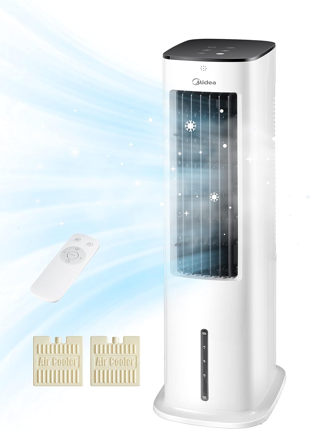 Midea Silent Air Cooler Pro Aparat de aer condiționat mobil 4 în 1 silențios: răcitor de aer, ventilator turn, umidificator și purificator de aer, cu telecomandă, rezervor de apă de 5 l, debit de aer de 355 m³/h, 55 W, afișaj LED, temporizator, alb